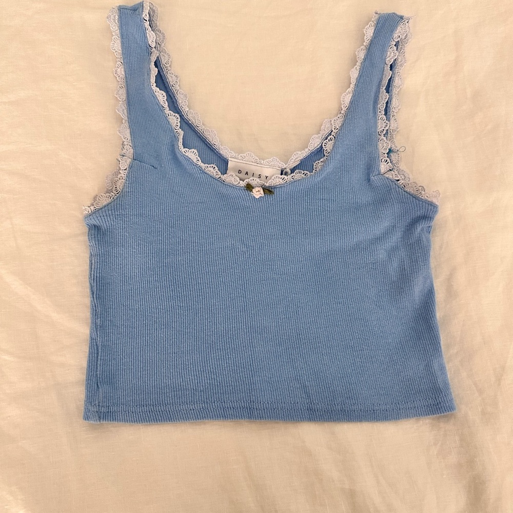 Sky Blue Ribbed Lace-Trim Cropped Tank